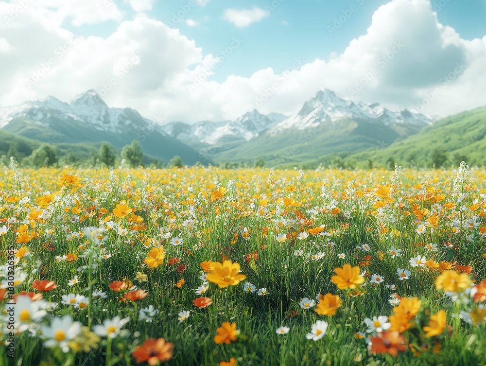 Vibrant close-up of lush grass and colorful wildflowers, showcasing intricate details for advertising applications Vibrant close-up of lush grass and colorful wildflowers, showcasing intricate details for advertising applications