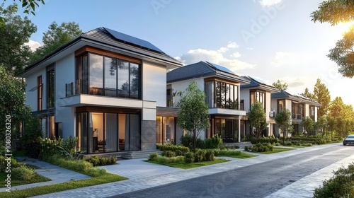 Luxurious modern villas equipped with solar panels, set in a picturesque suburban landscape, represent a sophisticated style of sustainable living in the new age.