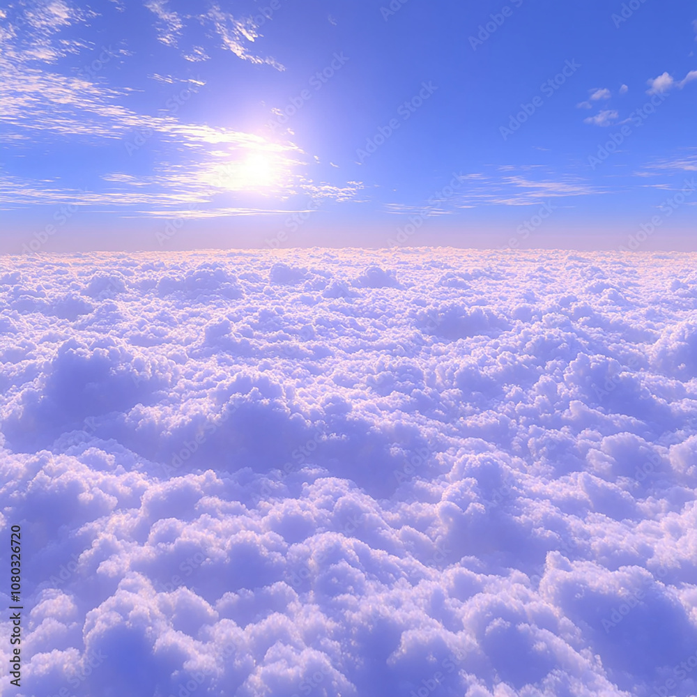 A breathtaking view of fluffy white clouds with a bright sun shining in the clear blue sky. A breathtaking view of fluffy white clouds with a bright sun shining in the clear blue sky.