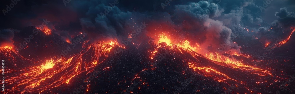 Volcanic eruption with flowing lava and smoky clouds, dramatic nature scene.