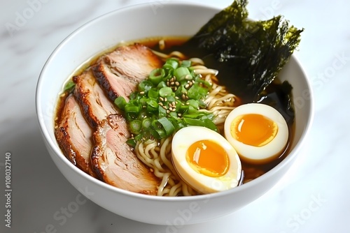 Ramen with pork, eggs and seaweed in a white bowl photo