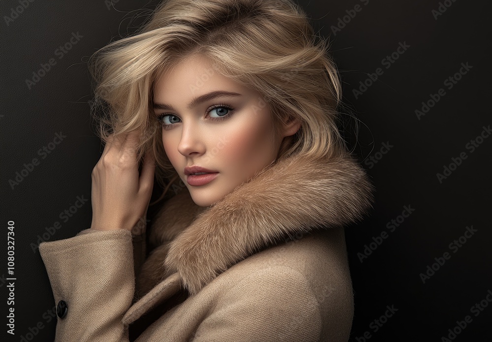 Beautiful blond woman in a beige suit with a fur collar posing for a photograph, hand on her head, against a dark background Beautiful blond woman in a beige suit with a fur collar posing for a photograph, hand on her head, against a dark background