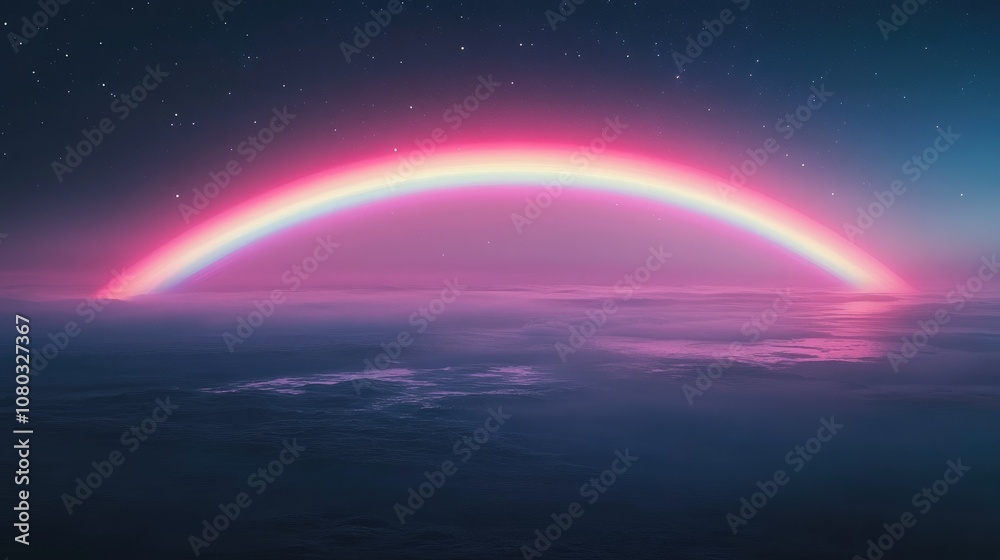Stunning Pink Rainbow Arching Over Dreamy Clouds Under Starry Night Sky, Creating a Tranquil and Enchanting Atmosphere for Nature Lovers and Dreamers