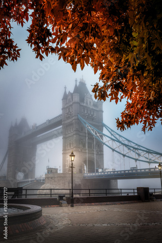 Photography Moody autumn view of the Tower Bridge in London with fog, England, with golden f