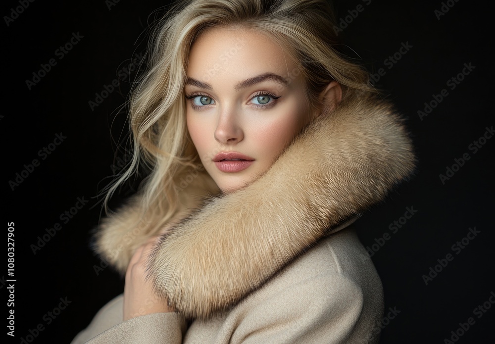 A beautiful blonde woman in an elegant beige coat with a fur collar holds her head against a dark background, looking at the camera. A beautiful blonde woman in an elegant beige coat with a fur collar holds her head against a dark background, looking at the camera.
