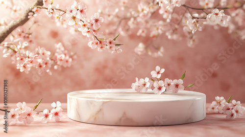 Elegant marble podium surrounded by blooming cherry blossoms on a soft pink background. Ideal for showcasing beauty and nature themes.