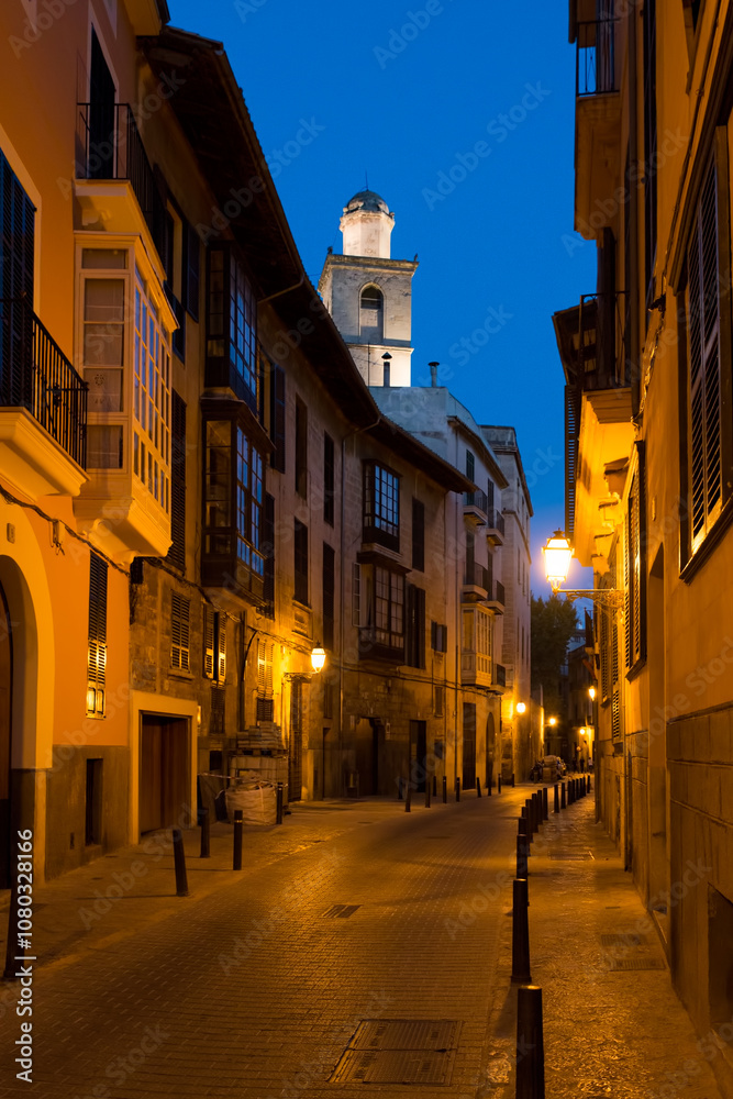 Fototapeta premium Narrow street in Palma de Mallorca, Spain. The Old City is a fascinating maze of streets clearly hinting towards an Arab past.