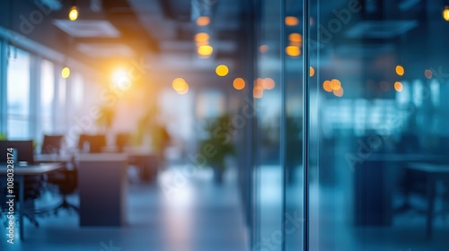 Wallpaper Mural Stylish Modern Office Interior with Glass Walls and Desks Illuminated by Evening Light, Featuring Blurry Open Space and People Moving Through Glass Doors.  Torontodigital.ca
