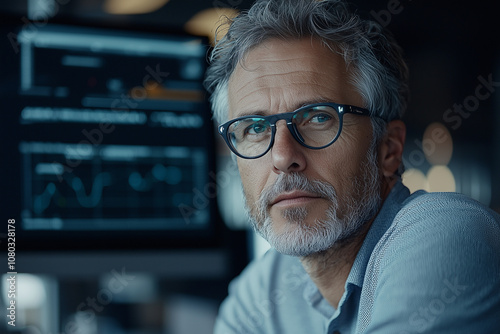 A thoughtful businessperson with glasses gazes intently at camera, exuding confidence and professionalism in modern office setting. background features digital graphs and data, emphasizing focus on an