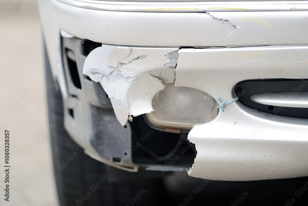 Damaged car front bumper after an accident on the road closeup. Car accident. Damaged bumper and fog light optics. Vehicle damage and accident. Front end crash. Selective focus