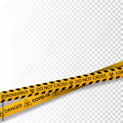 Coronavirus warning sign in a triangle and warning tape vector illustration. Coronavirus in Europe. Chinese virus outbreak. Global epidemic of COVID-2019.