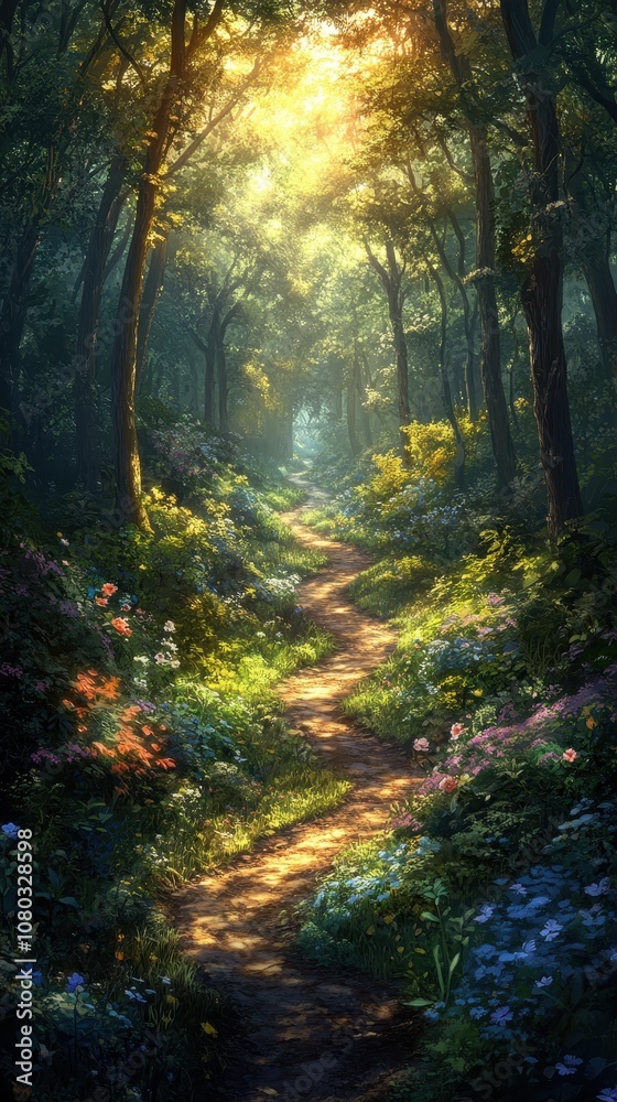 Serene forest path bathed in gentle sunlight, inviting exploration through lush greenery and winding trails Serene forest path bathed in gentle sunlight, inviting exploration through lush greenery and winding trails
