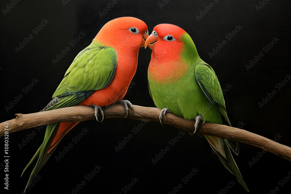 Obraz premium A pair of lovebirds perched close together on a branch, illustrating companionship and affection. Lovebirds sharing a moment.