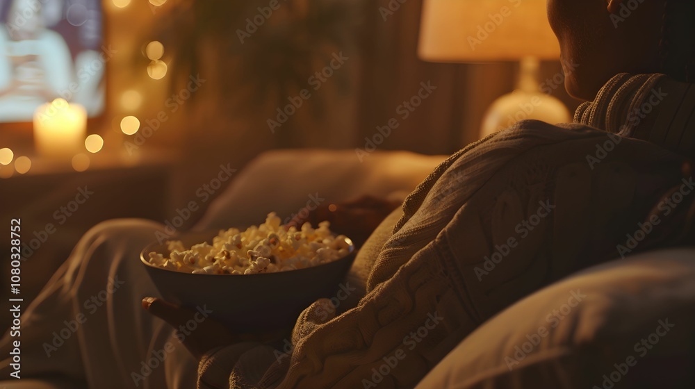 Cozy evening at home with popcorn and a movie in soft, warm lighting Cozy evening at home with popcorn and a movie in soft, warm lighting