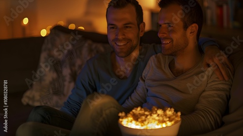 Two friends enjoying a cozy movie night with popcorn in a softly lit living room