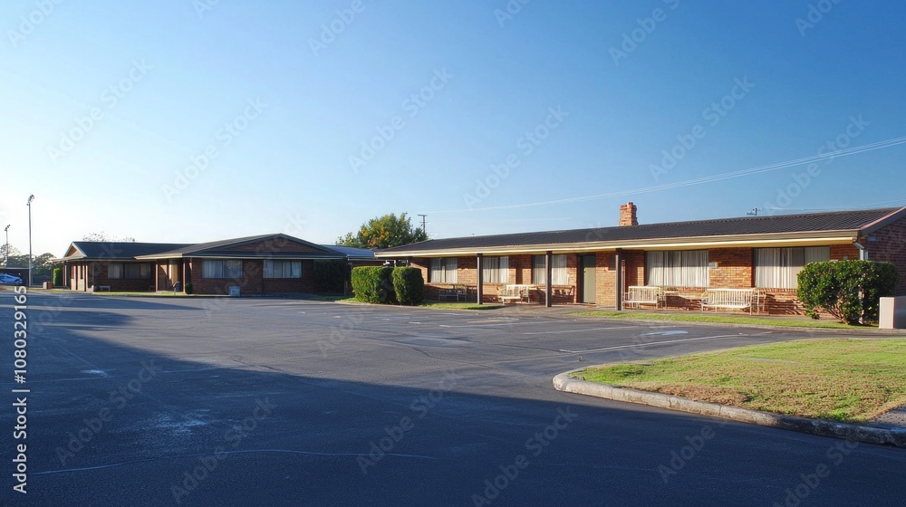 An empty motel complex under a clear blue sky in the afternoon, featuring simple architecture and well-maintained landscaping An empty motel complex under a clear blue sky in the afternoon, featuring simple architecture and well-maintained landscaping