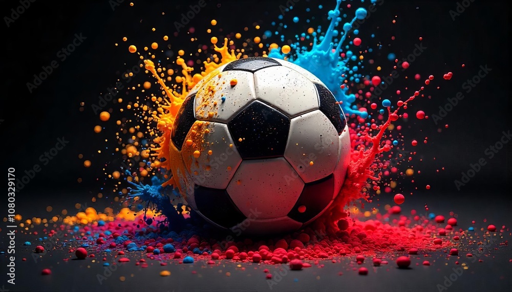 Naklejka premium Neon Soccer Ball Surrounded by Fiery Smoke and Glowing Sparkles