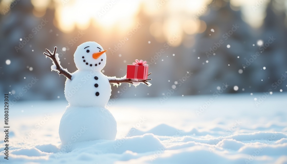 Obraz premium Cheerful snowman presenting a gift in a snowy landscape during golden hour