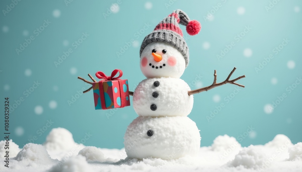 Playful snowman holding a colorful gift against a cheerful backdrop of falling snow Playful snowman holding a colorful gift against a cheerful backdrop of falling snow