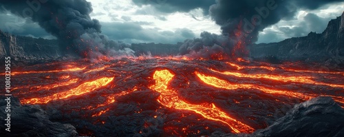 Lava flows across the landscape under a dramatic sky with smoke and ash. photo