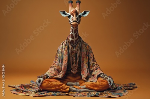 A giraffe sitting in a lotus pose, wearing an elegant robe and a turban photo