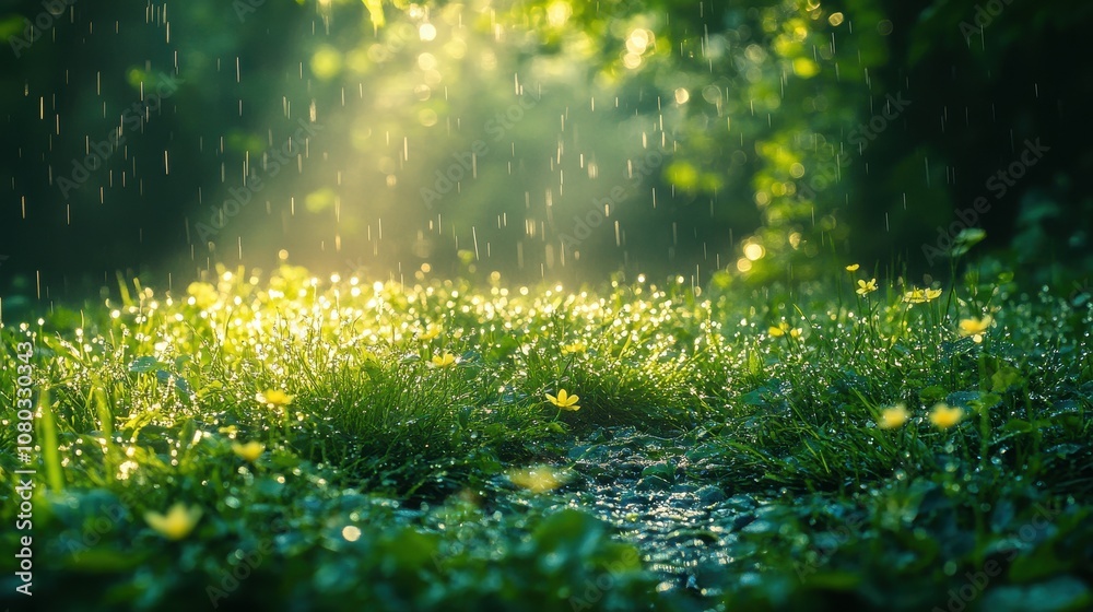 Obraz premium Morning Dew on Lush Grass, sunlight glistening on vibrant blades, showcasing nature's beauty in stunning clarity and detail