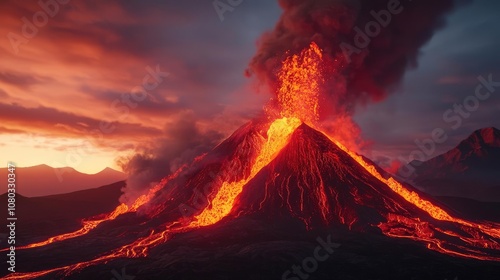 Erupting volcano at sunset with lava flow and dramatic clouds, vibrant colors.