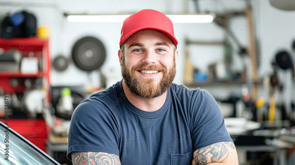 A man with a red hat and beard is smiling for the camera A man with a red hat and beard is smiling for the camera