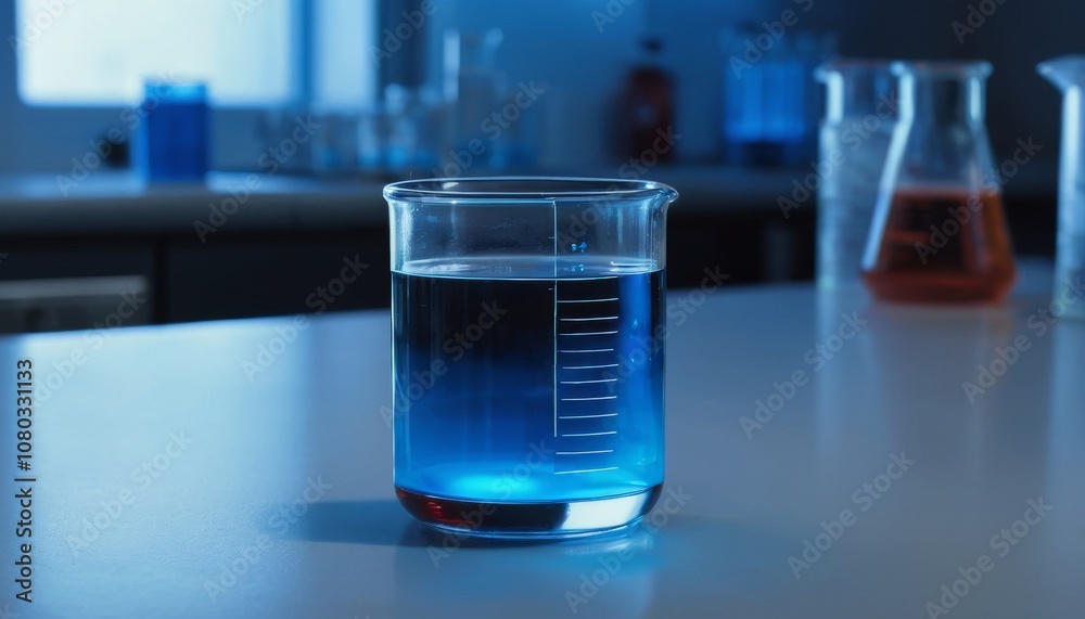 Scientific discovery displaying a beaker with blue liquid gradients in a laboratory setting Scientific discovery displaying a beaker with blue liquid gradients in a laboratory setting