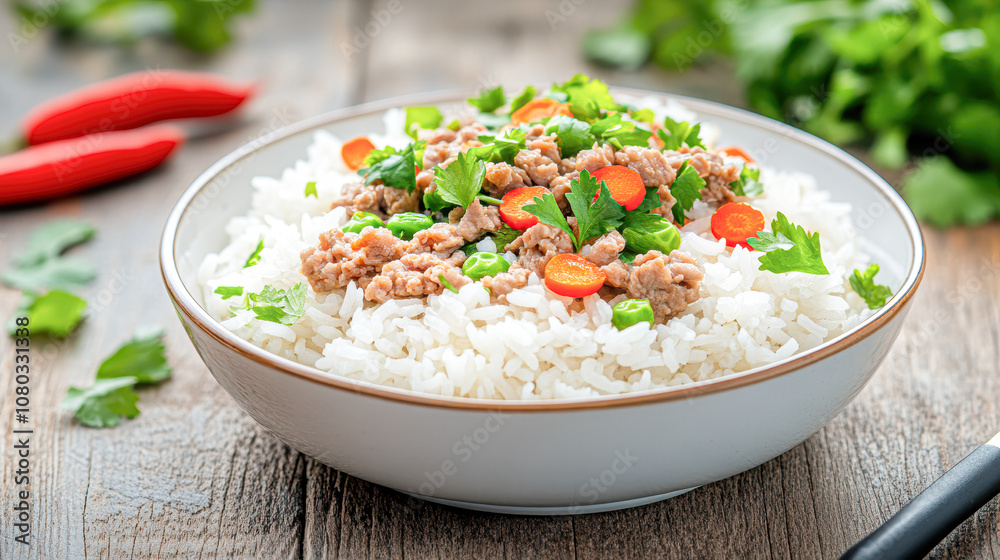 A bowl of rice with meat and vegetables A bowl of rice with meat and vegetables