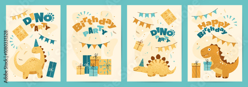 Dino party invitation and greeting cards. Children birthday cards. Cute characters dinosaurs with gift boxes, lettering, flags, confetti. Vector illustration 