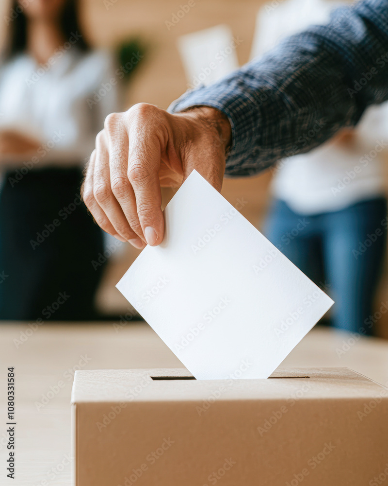 A man is putting a white piece of paper into a box A man is putting a white piece of paper into a box