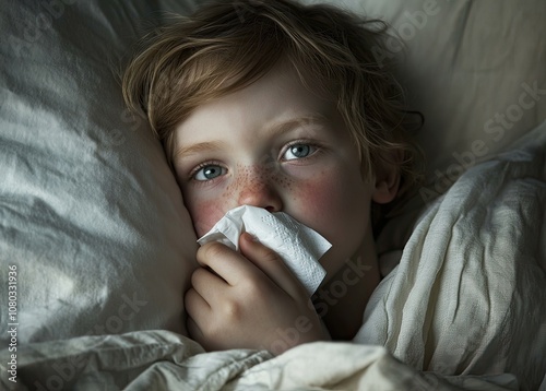 A sick little boy blowing his nose in bed, holding a tissue and wearing white sheets, close-up of face with red cheeks and a runny nose photo