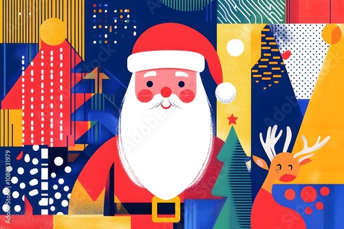 merry christmas happy new year modern geometric abstract illustration santa claus christmas tree snowman gift greeting card poster reindeer contemporary art