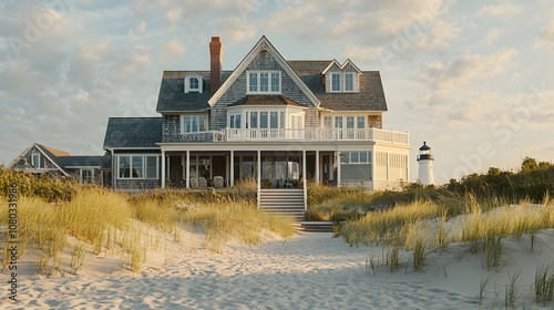 Nantucket shingle style beach estate with private dunes and lighthouse views, classic New England coastal sanctuary photo