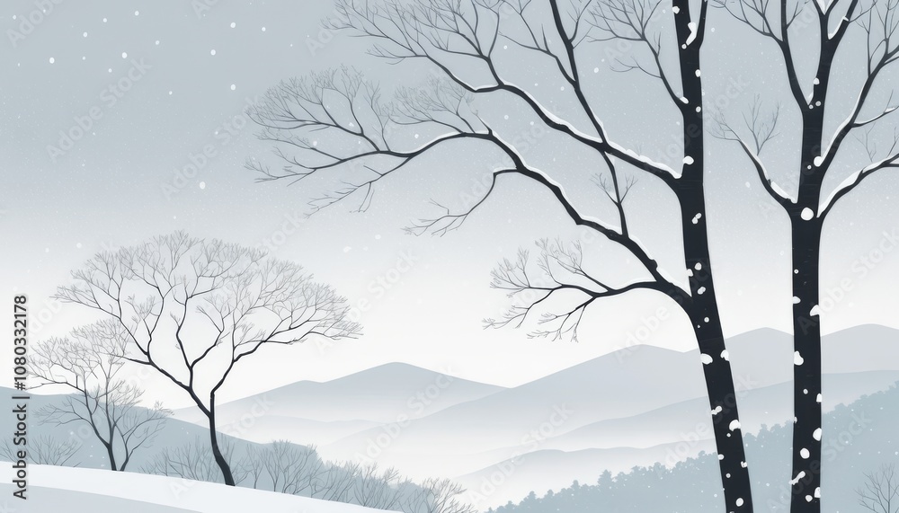 Minimalist snowy landscape with bare trees and soft snowfall in monochrome tones Minimalist snowy landscape with bare trees and soft snowfall in monochrome tones