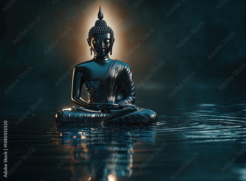 Buddha statue in silver and bronze, sitting on the water surface with a glowing halo behind it, dark background, illuminated by soft light Buddha statue in silver and bronze, sitting on the water surface with a glowing halo behind it, dark background, illuminated by soft light