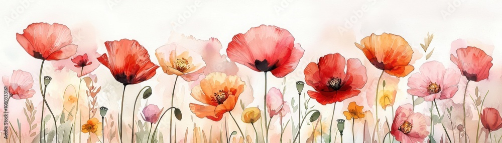 Obraz premium Explore the beauty of watercolor illustrations featuring delicate poppies in vivid colors and styles