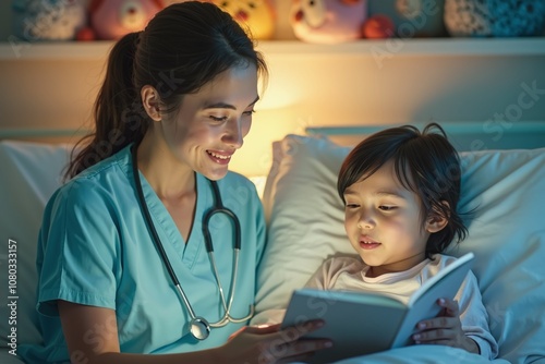 Child's nurse reads a fairy tale to a child