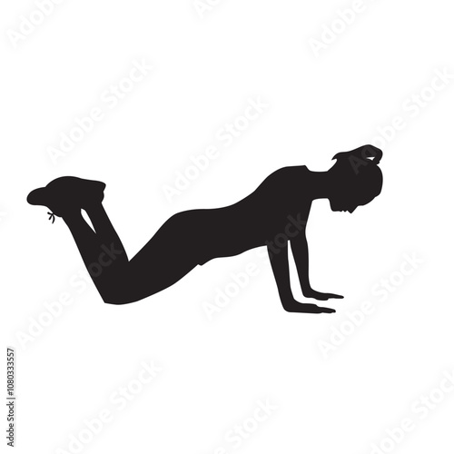 Vector silhouette of a girl doing push ups with her back legs raised isolated on white