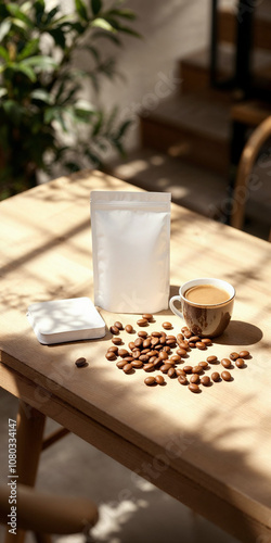 A coffee concept prepared for mockup, with a white coffee package on a light wooden table