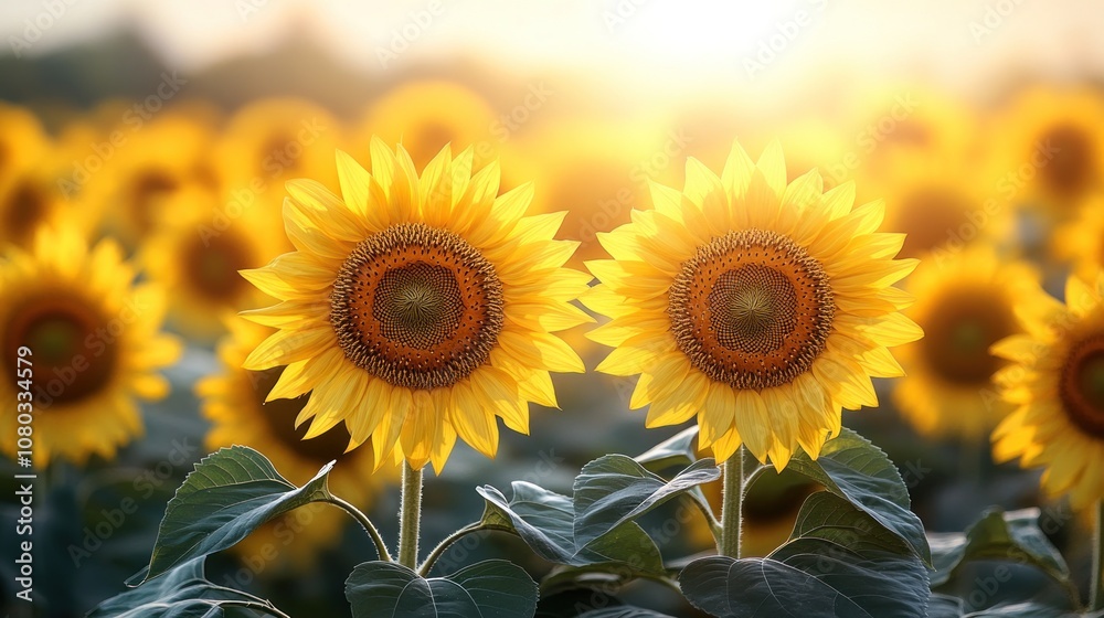 Obraz premium Vibrant sunflowers basking in sunlight in a lush field.