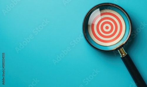 Target board viewed through a magnifying glass, symbolizing focused business objectives, set against a blue background with copy space.
