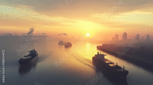 A serene port landscape with selfsailing cargo vessels at dawn, autonomous shipping, quiet logistics innovation photo