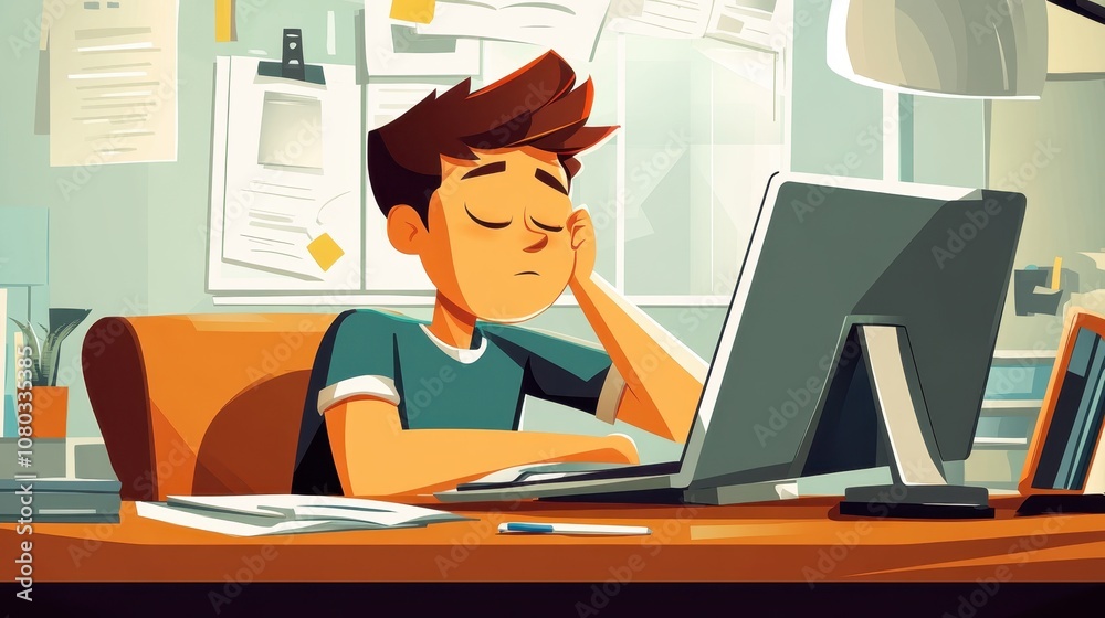 Man looking bored at work desk Man looking bored at work desk