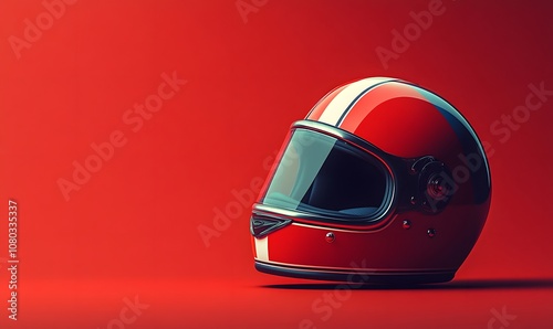 A Red Motorcycle Helmet with White Stripes on a Red Background photo