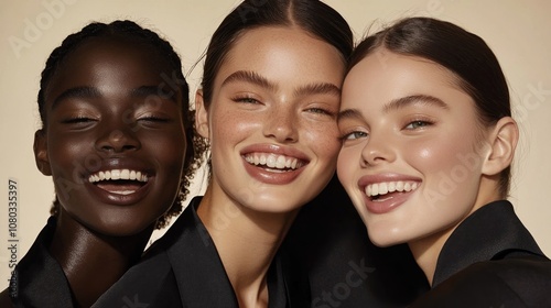 Three Smiling Models of Diverse Skin Tones Pose Together Against a Neutral Background, Showcasing a Joyful Moment During a Beauty Campaign in a Studio Setting