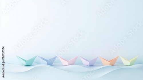 Seven colorful origami paper boats floating together on stylized waves over a light blue background, evoking a sense of playful adventure and travel