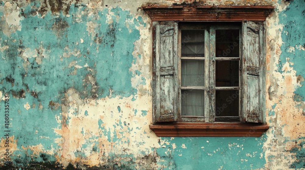 An old, weathered window with peeling turquoise paint on a rustic wall in an abandoned building during the daylight An old, weathered window with peeling turquoise paint on a rustic wall in an abandoned building during the daylight
