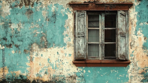 An old, weathered window with peeling turquoise paint on a rustic wall in an abandoned building during the daylight